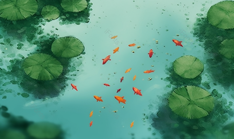 绿色文艺夏季池塘里荷叶和一群锦鲤背景,插画/手绘图,插画/手绘图库,插画/手绘图下载,插画/手绘